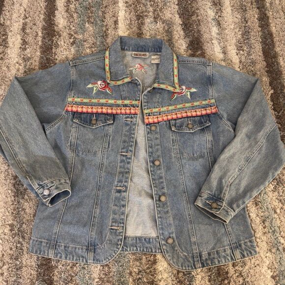 Vintage 90s Bill Blass Embroidered Red Green Floral Light Wash Denim Jacket M - Picture 1 of 6